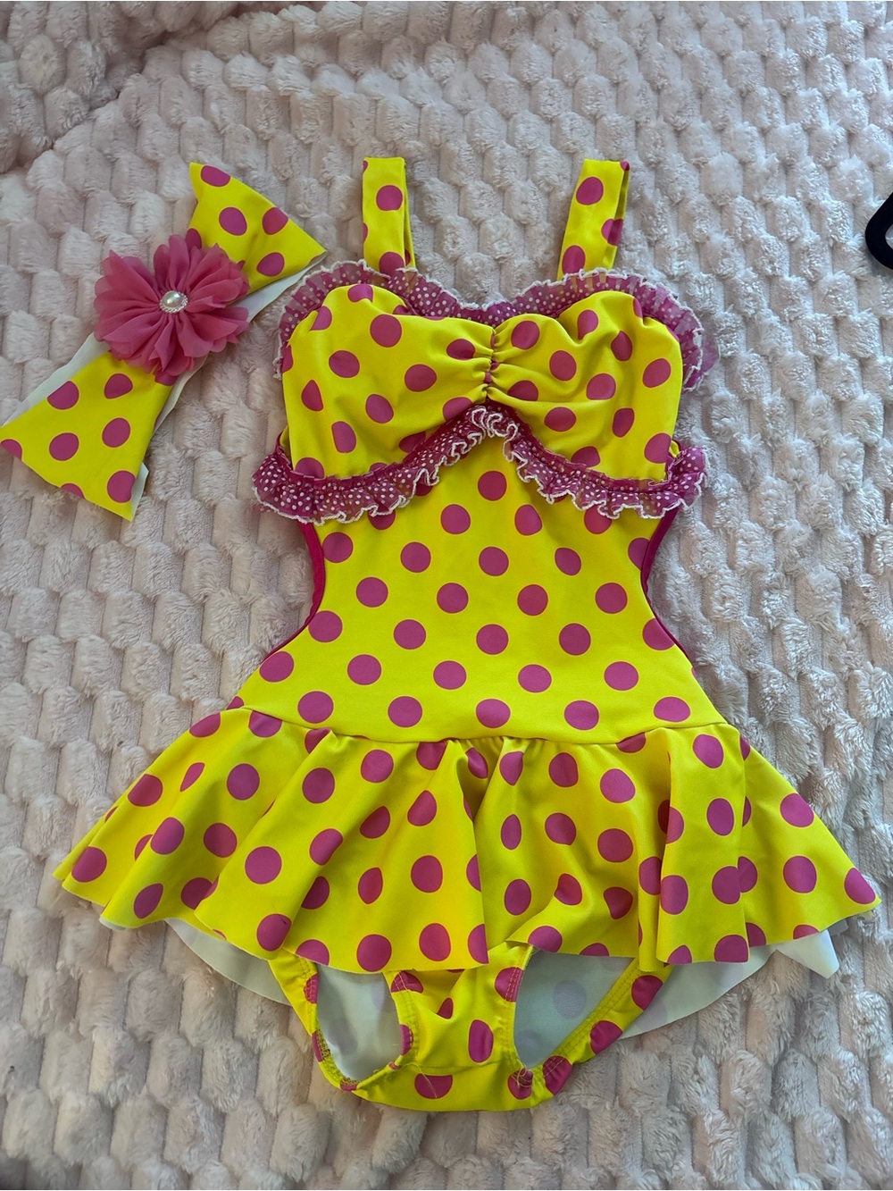 Weissman Yellow and Pink Polka Dot Dance Costume with Bow Headband - medium